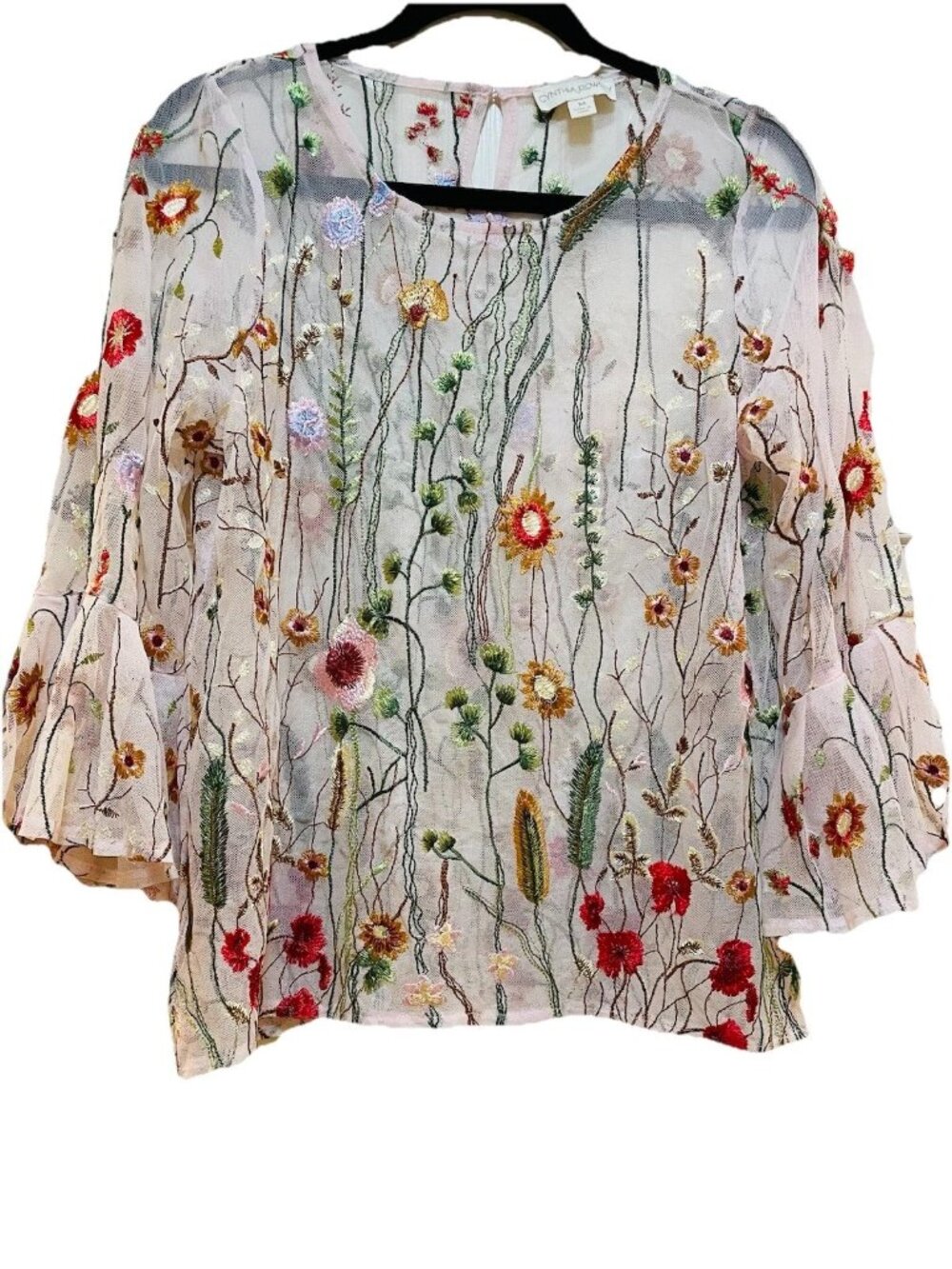 CYNTHIA ROWLEY Cream Floral Embroidered Mesh 3/4 Length Sleeve Shirt Sz M